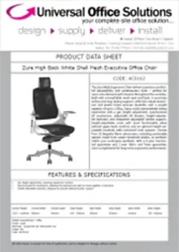 DATA SHEET - Zure High Back White Shell Mesh Executive Office Chair (KC0162)