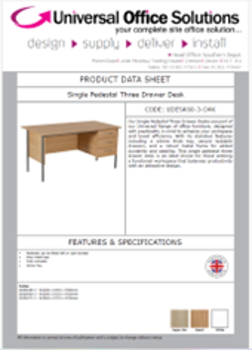DATA SHEET - UDESK60-3 - Single Pedestal Desk - 3 Drawer