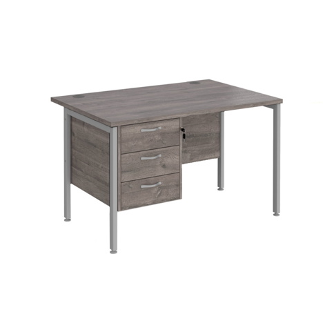 Straight Desk with Single Three Drawer Pedestal (Left Hand) - 1200 - H-Frame - Silver - Grey Oak