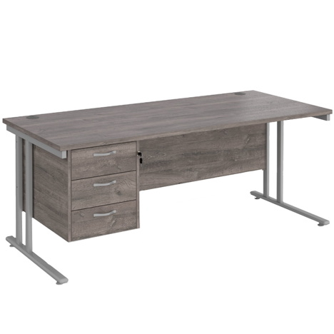 Straight Desk with Three Drawer Pedestal (Right) - 1800 - Silver - Grey Oak