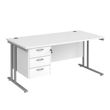 Straight Desk with Three Drawer Pedestal (Right) - 1600 - Silver - White