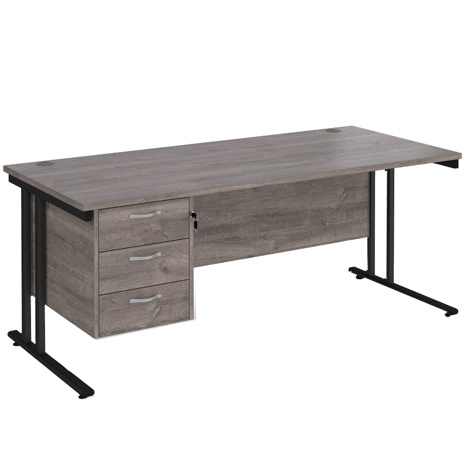 Straight Desk with Three Drawer Pedestal (Right) - 1800 - Black - Grey Oak