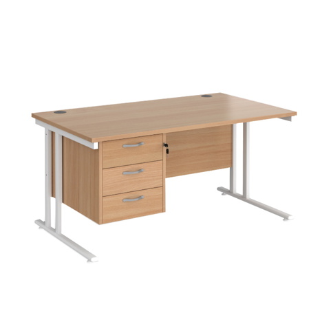 Straight Desk with Three Drawer Pedestal (Right) - 1400 - White - Beech