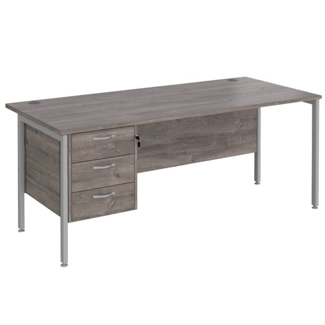 Straight Desk with Single Three Drawer Pedestal (Left Hand) - 1800 - H-Frame - Silver - Grey Oak