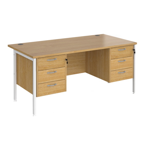 Straight Desk with Three & Three Drawer Pedestals - H-Frame - White - 1600 - Oak