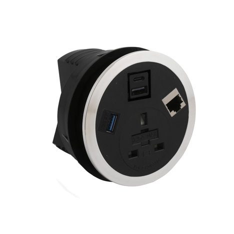 Port EI in Desk Power Module - Black - Socket UK + RJ45 + USB + HDMI