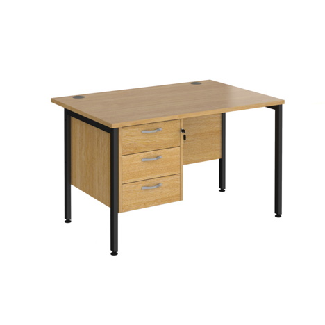 Straight Desk with Single Three Drawer Pedestal (Left Hand) - 1200 - H-Frame - Black - Oak