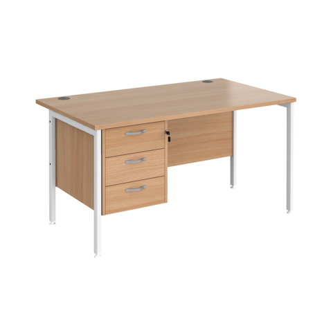 Straight Desk with Single Three Drawer Pedestal (Left Hand) - 1400 - H-Frame - White - Beech