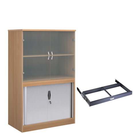 Combination Display Tambour - Glass Doors - 1600mm - With Roll Out Suspension Filing Frame - Beech