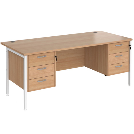 Straight Desk with Three & Three Drawer Pedestals - H-Frame - White - 1800 - Beech
