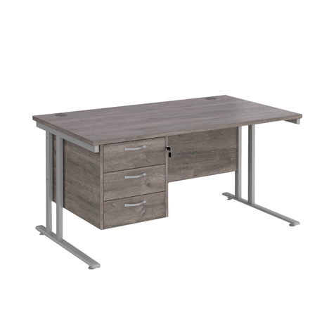 Straight Desk with Three Drawer Pedestal (Right) - 1400 - Silver - Grey Oak