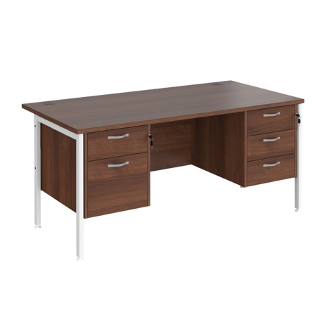 Straight Desk with Two & Three Drawer Pedestals - H-Frame - White - 1600 - Walnut
