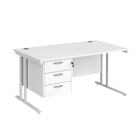 Straight Desk with Three Drawer Pedestal (Right) - 1400 - White - White