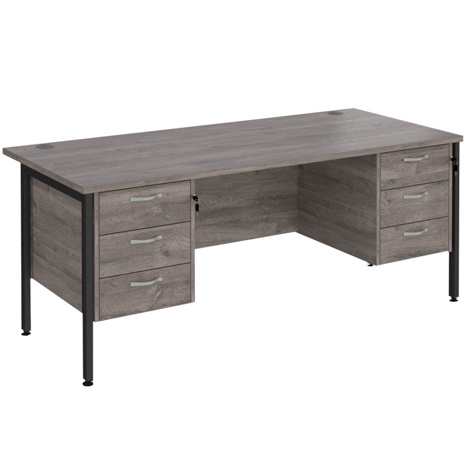 Straight Desk with Three & Three Drawer Pedestals - H-Frame - Black - 1800 - Grey Oak