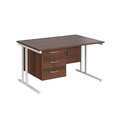 Straight Desk with Three Drawer Pedestal (Right) - 1200 - White - Walnut