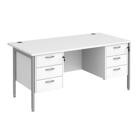 Straight Desk with Three & Three Drawer Pedestals - H-Frame - Silver - 1600 - White