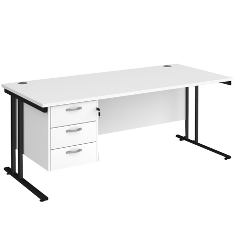 Straight Desk with Three Drawer Pedestal (Right) - 1800 - Black - White