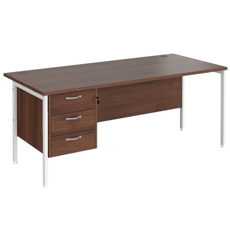 Straight Desk with Single Three Drawer Pedestal (Left Hand) - 1800 - H-Frame - White - Walnut