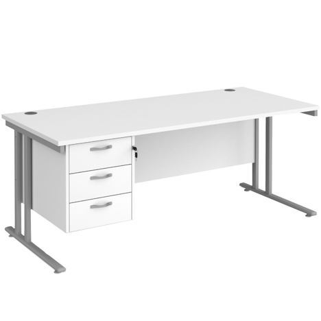 Straight Desk with Three Drawer Pedestal (Right) - 1800 - Silver - White