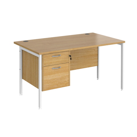 Straight Desk with Two Drawer Pedestals - H-Frame - White - 1400 - Oak