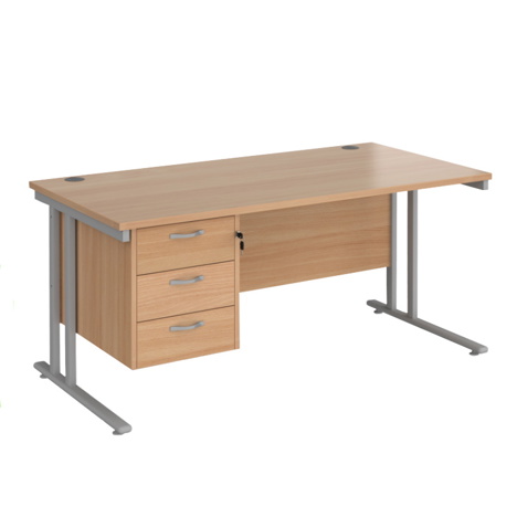 Straight Desk with Three Drawer Pedestal (Right) - 1600 - Silver - Beech