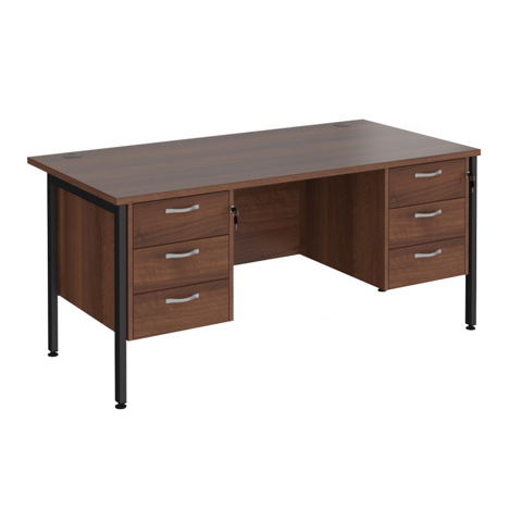 Straight Desk with Three & Three Drawer Pedestals - H-Frame - Black - 1600 - Walnut