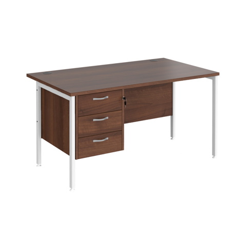 Straight Desk with Single Three Drawer Pedestal (Left Hand) - 1400 - H-Frame - White - Walnut