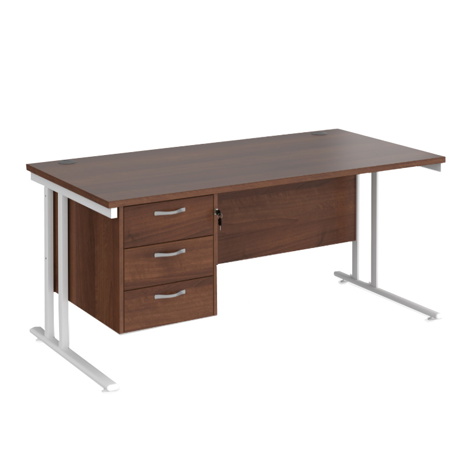Straight Desk with Three Drawer Pedestal (Right) - 1600 - White - Walnut