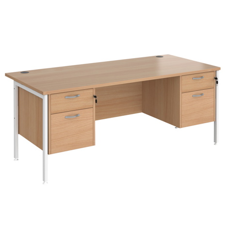 Straight Desk with Two & Two Drawer Pedestals - H-Frame - White - 1800 - Beech