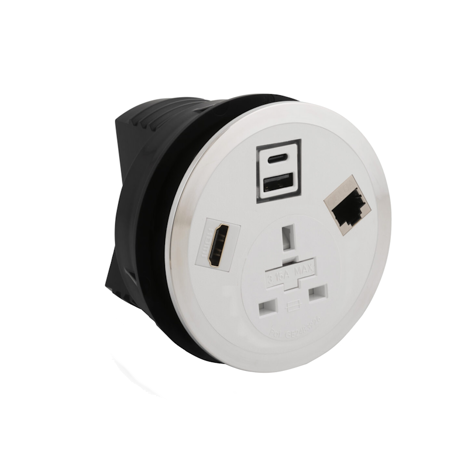 Port EI in Desk Power Module - White - Socket UK + RJ45 + USB + HDMI
