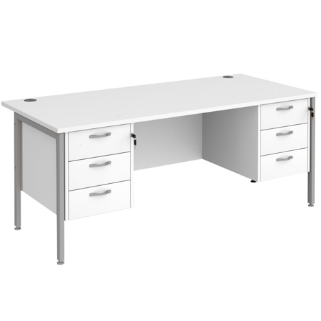 Straight Desk with Three & Three Drawer Pedestals - H-Frame - Silver - 1800 - White