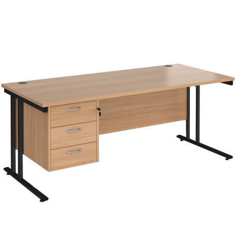 Straight Desk with Three Drawer Pedestal (Right) - 1800 - Black - Beech