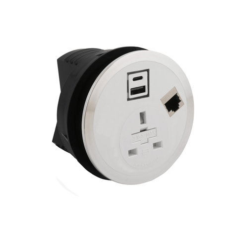 Port EI in Desk Power Module - White - Socket UK + RJ45 + USB