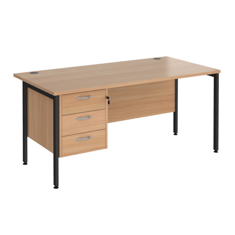 Straight Desk with Single Three Drawer Pedestal (Left Hand) - 1600 - H-Frame - Black - Beech
