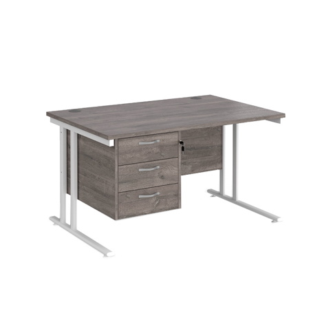 Straight Desk with Three Drawer Pedestal (Right) - 1200 - White - Grey Oak