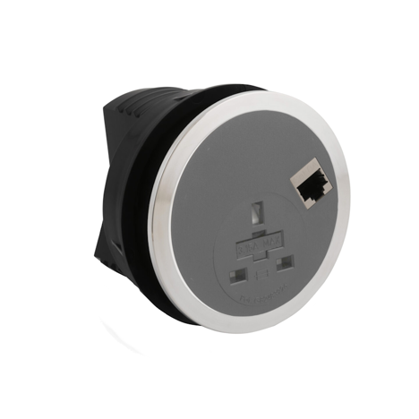 Port EI in Desk Power Module - Grey - Socket UK + RJ45