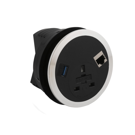 Port EI in Desk Power Module - Black - Socket UK + RJ45 + HDMI