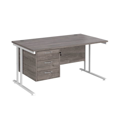 Straight Desk with Three Drawer Pedestal (Right) - 1400 - White - Grey Oak