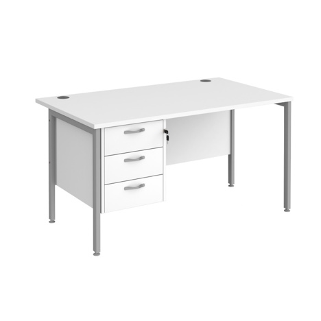 Straight Desk with Single Three Drawer Pedestal (Left Hand) - 1400 - H-Frame - Silver - White