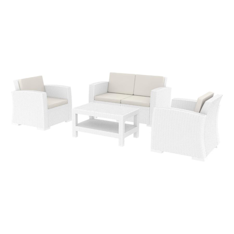 Monaco 4 Piece Sofa Set - White inc Beige Cushions