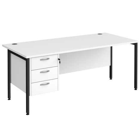 Straight Desk with Single Three Drawer Pedestal (Left Hand) - 1800 - H-Frame - Black - White