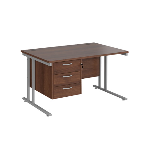 Straight Desk with Three Drawer Pedestal (Right) - 1200 - Silver - Walnut