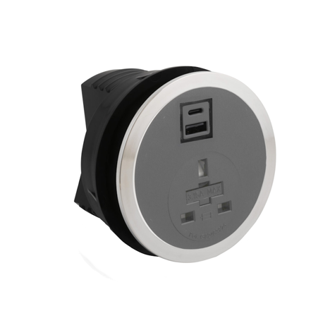 Port EI in Desk Power Module - Grey - Socket UK + USB A+C Charger