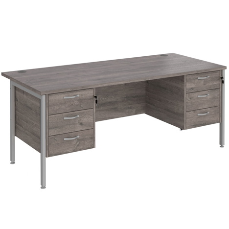 Straight Desk with Three & Three Drawer Pedestals - H-Frame - Silver - 1800 - Grey Oak