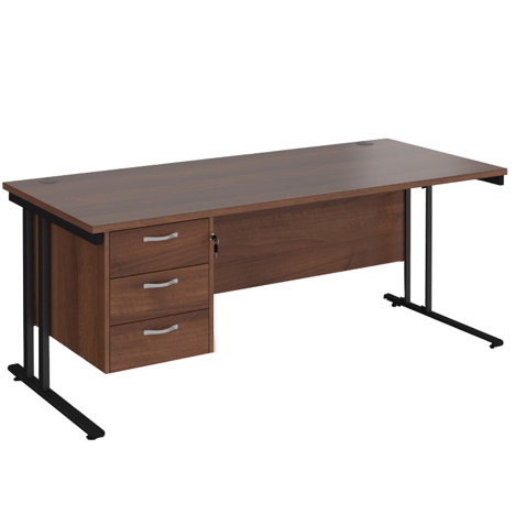Straight Desk with Three Drawer Pedestal (Right) - 1800 - Black - Walnut