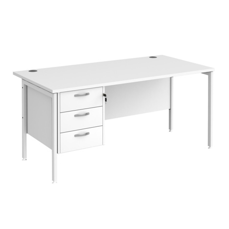 Straight Desk with Single Three Drawer Pedestal (Left Hand) - 1600 - H-Frame - White - White
