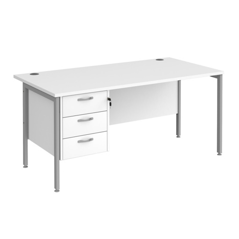 Straight Desk with Single Three Drawer Pedestal (Left Hand) - 1600 - H-Frame - Silver - White