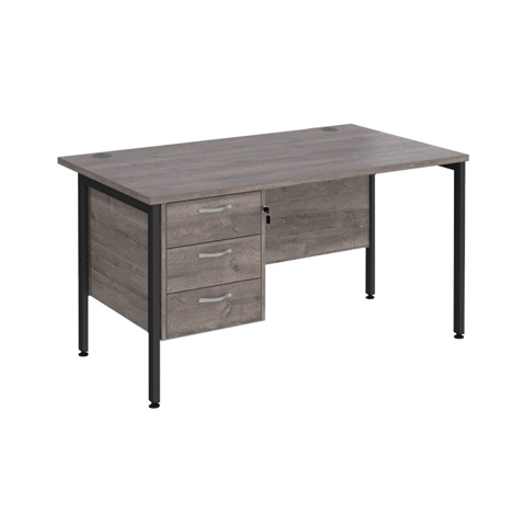 Straight Desk with Single Three Drawer Pedestal (Left Hand) - 1400 - H-Frame - Black - Grey Oak