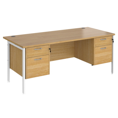 Straight Desk with Two & Three Drawer Pedestals - H-Frame - White - 1800 - Oak