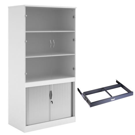 Combination Display Tambour - Glass Doors - 2000mm - With Roll Out Suspension Filing Frame - White